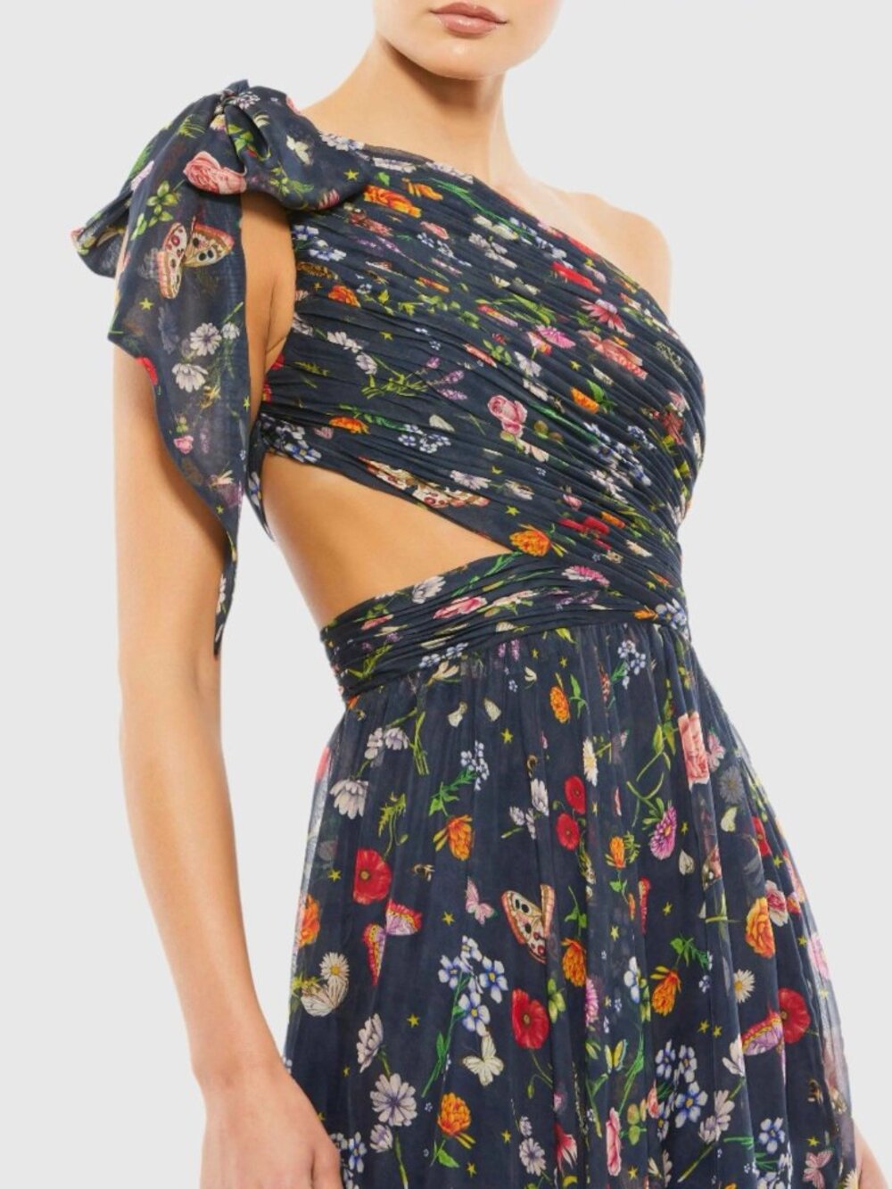 MAC DUGGAL Size 0 Navy 67938 Floral Tied One Shoulder Cut-Out Flowy Gown Dress - Picture 2 of 14